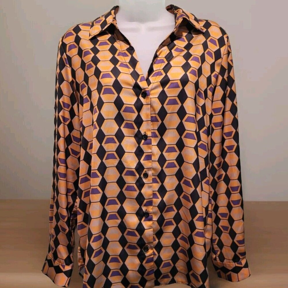 Drew Black Tan Purple Art Deco MCM Print Button Up Shirt Sz M Office